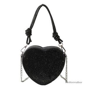 Heart Shaped Evening Purse Silver Rhinestone Detachable Chain Clutch Crossbody